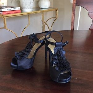 5.5 Black Satin ruffle shoe. Never worn!